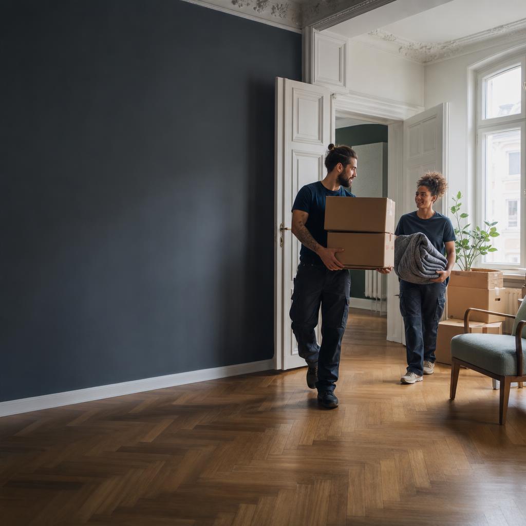 KI-Symbolfoto: zwei fiktive Umzugshelfer tragen Kartons und Decken durch eine teilweise geräumte Wohnung
